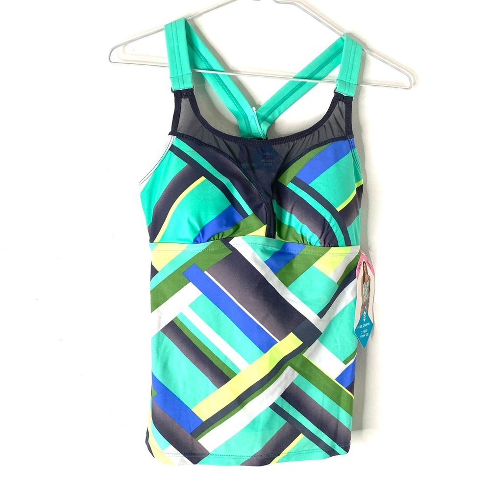 Free Country Striped Tankini Spearmint Cloud Grey Built In Cups Mesh Detail NWT